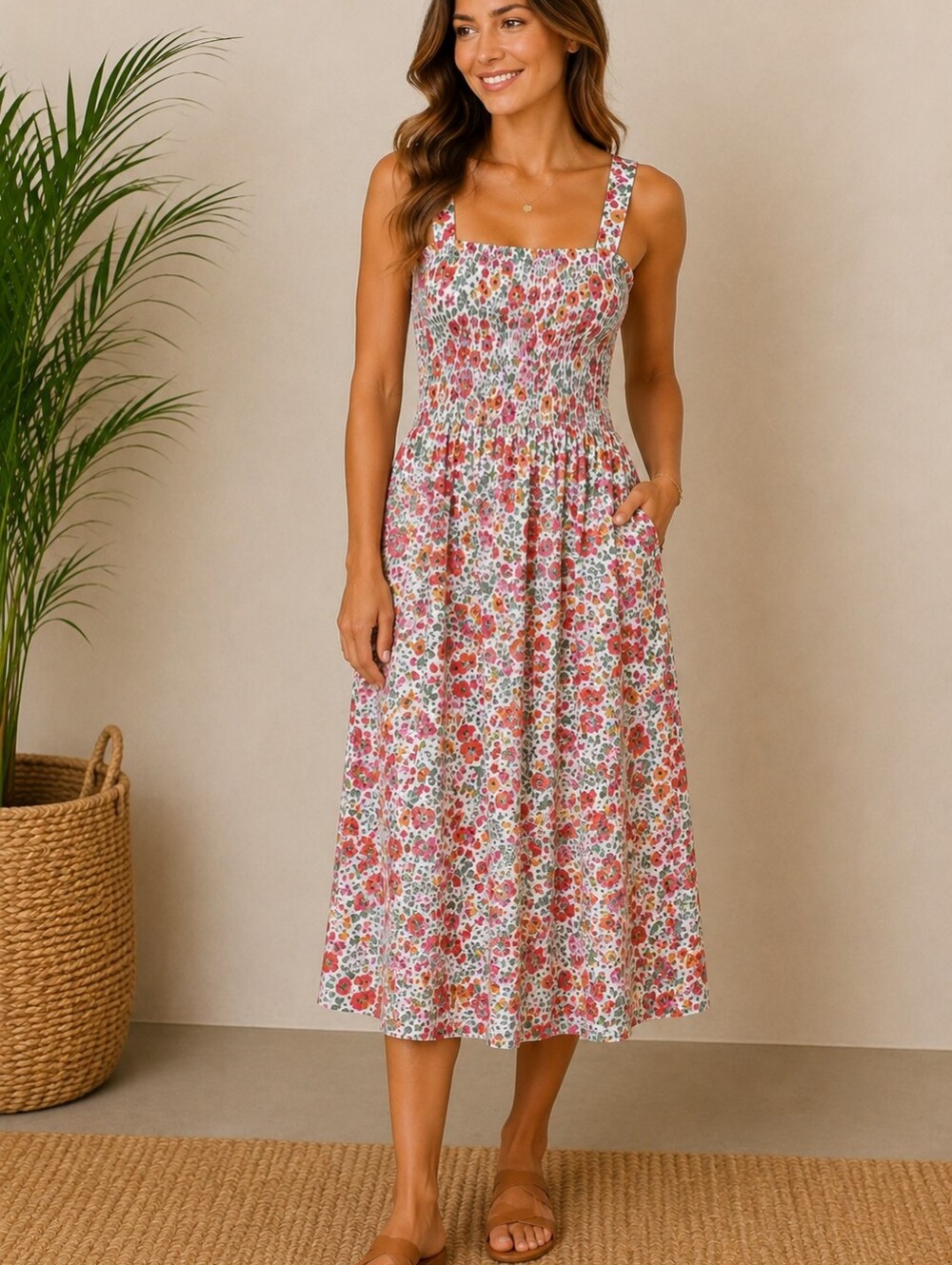 Calstyle beautiful floral smocked top midi dress, lined, size L